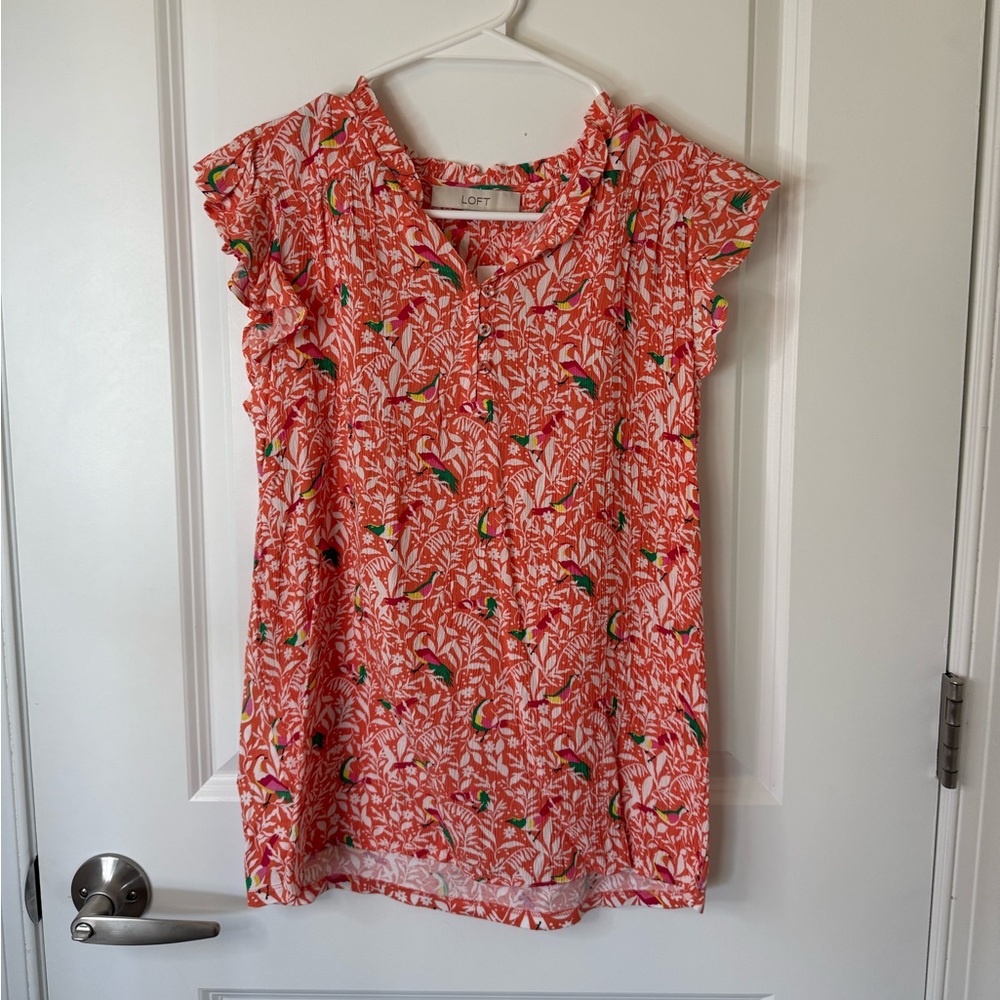 LOFT Tropical Bird Print Coral Blouse